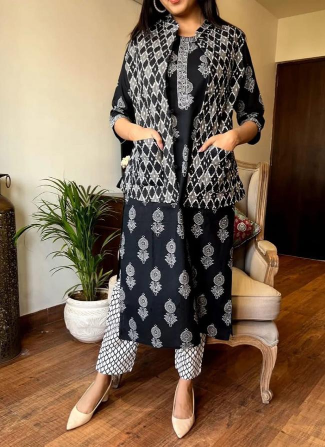 Cotton Black Casual Wear Printed Readymade Kurti Pant With Jacket